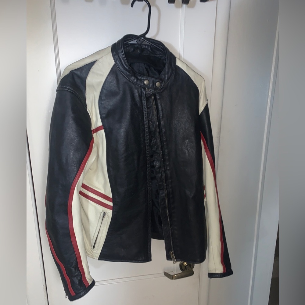 Black, white and red striped all leather  motorcycle jacket